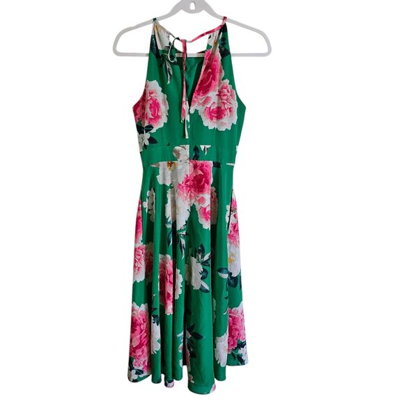 ELIZA J Dress Womens 4 Green Floral Sleeveless Halter‎ Midi Pockets Lined A-Line - Picture 8 of 11